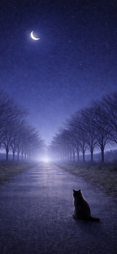 【iPhone壁紙】青い夜|月へ続く並木道と猫|Moonlit Path|Aoya Cat Scenes No.21