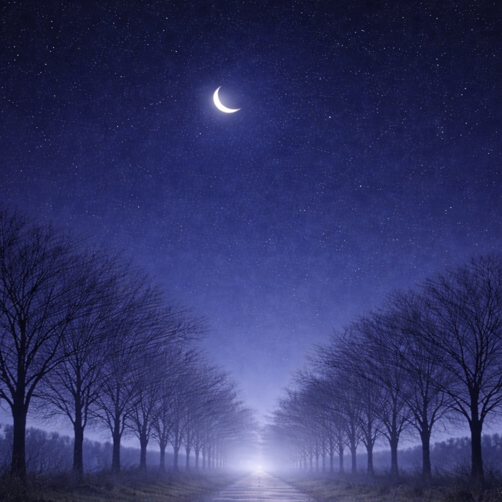 【iPhone壁紙】青い夜|月へ続く並木道と猫|Moonlit Path|Aoya Cat Scenes No.21