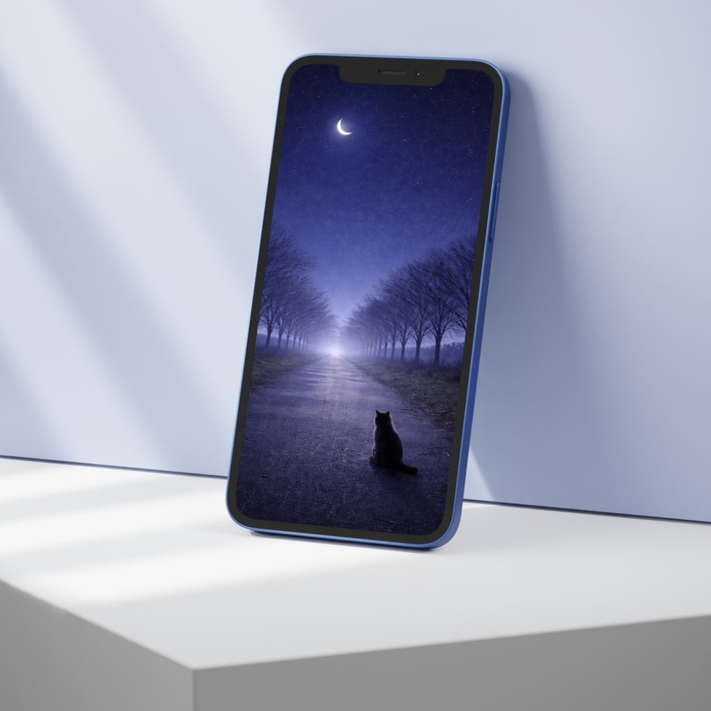 【iPhone壁紙】青い夜|月へ続く並木道と猫|Moonlit Path|Aoya Cat Scenes No.21