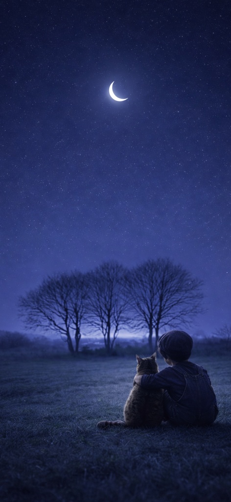 【iPhone壁紙】青い夜|寄り添う夜|猫と少年|Boy & Cat Under the Moonlight|Aoya Cat Scenes No.21