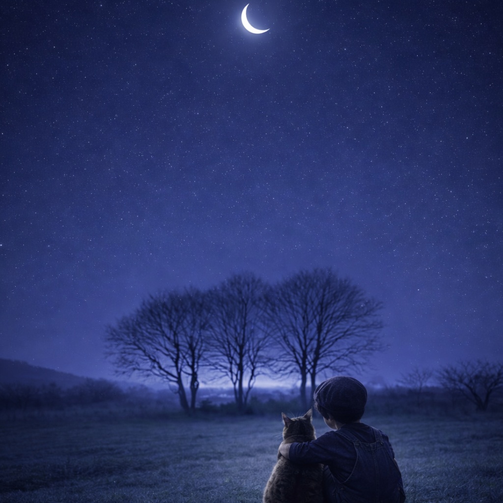 【iPhone壁紙】青い夜|寄り添う夜|猫と少年|Boy & Cat Under the Moonlight|Aoya Cat Scenes No.21