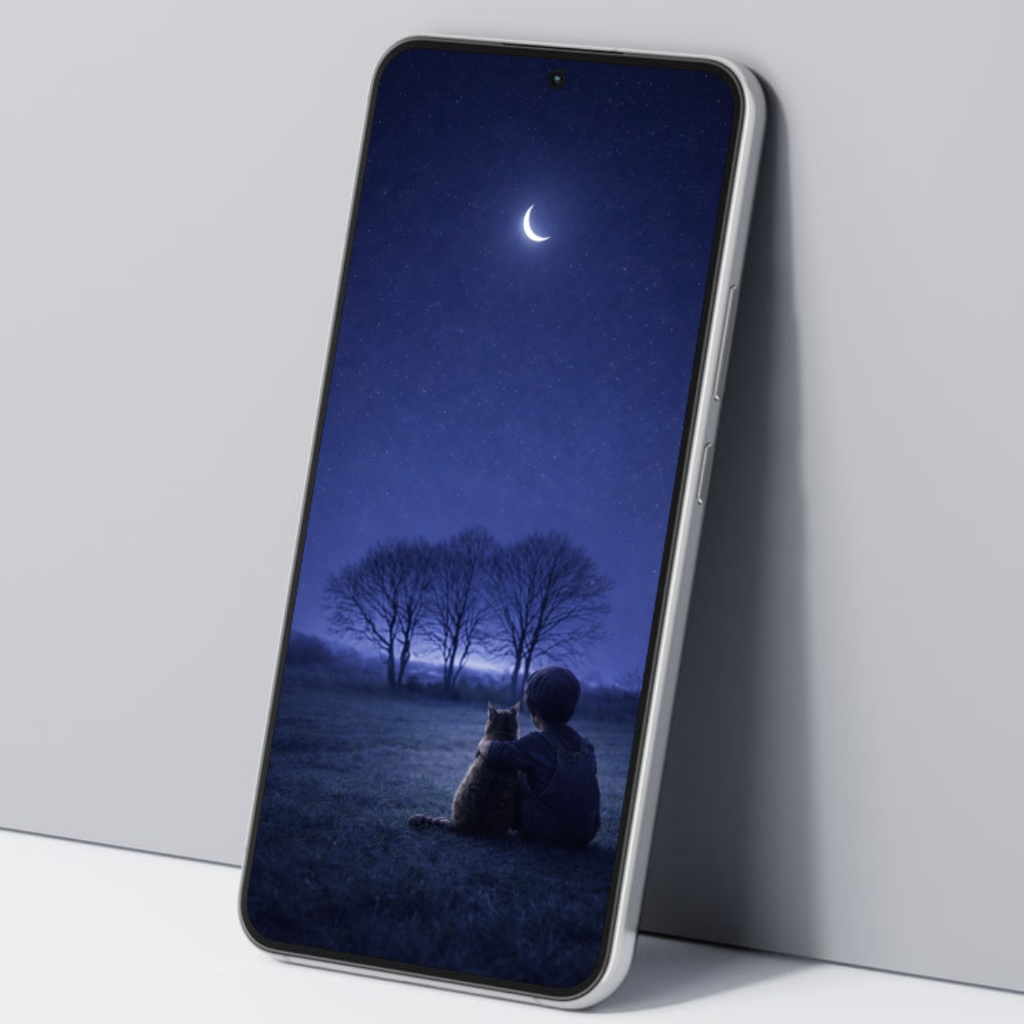 【iPhone壁紙】青い夜|寄り添う夜|猫と少年|Boy & Cat Under the Moonlight|Aoya Cat Scenes No.21