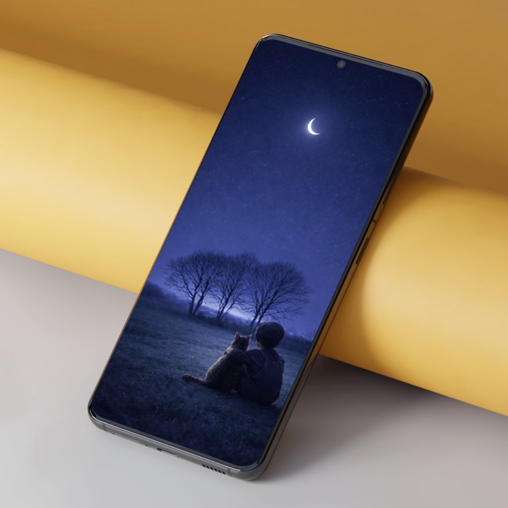 【iPhone壁紙】青い夜|寄り添う夜|猫と少年|Boy & Cat Under the Moonlight|Aoya Cat Scenes No.21