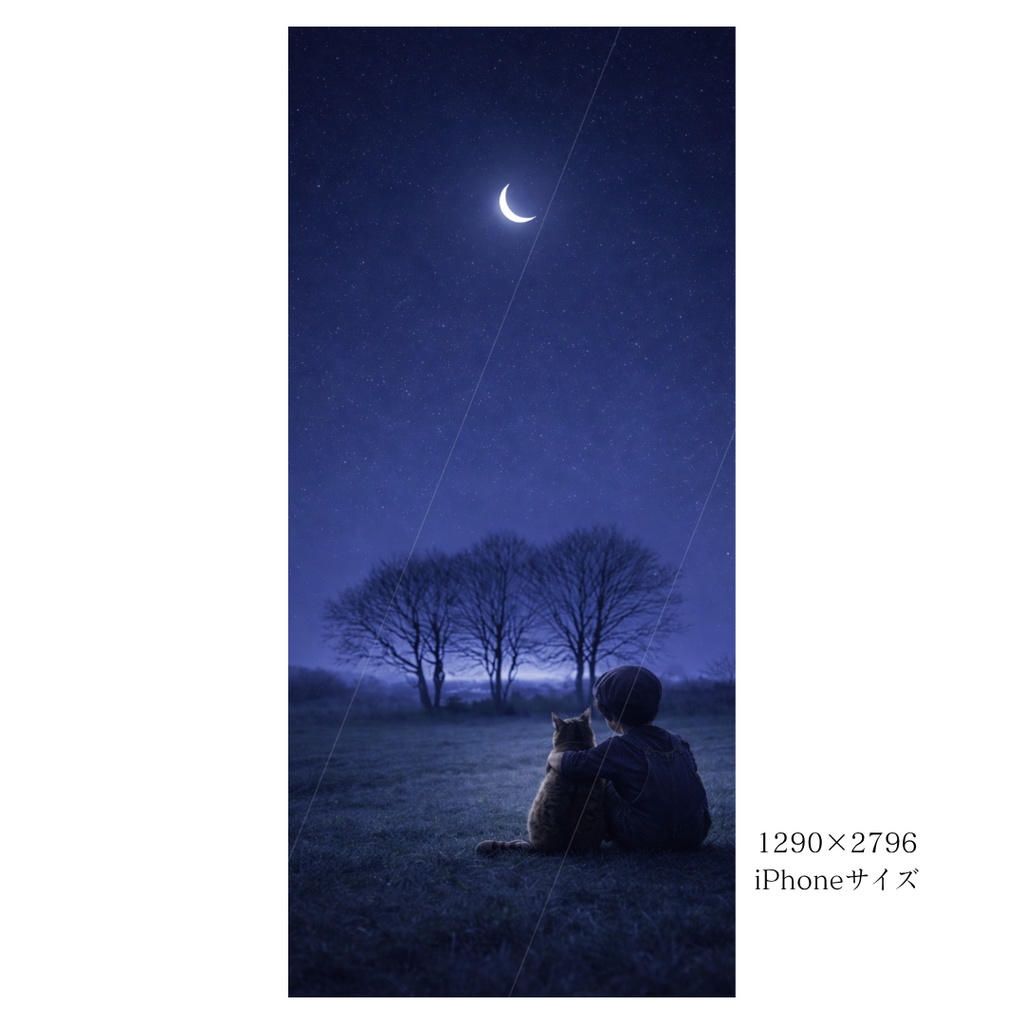 【iPhone壁紙】青い夜|寄り添う夜|猫と少年|Boy & Cat Under the Moonlight|Aoya Cat Scenes No.21