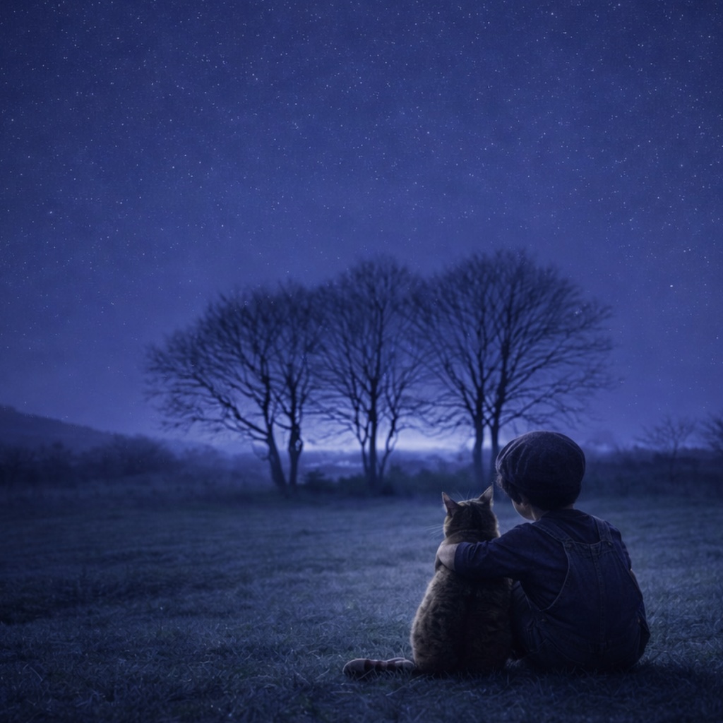【iPhone壁紙】青い夜｜寄り添う夜｜猫と少年｜Boy & Cat Under the Moonlight｜Aoya Cat Scenes No.21
