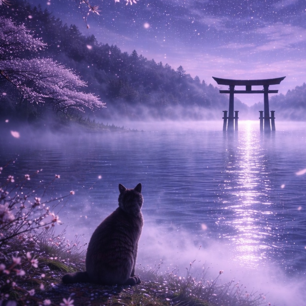 【iPhone壁紙】青い夜|満月と夜桜|湖と鳥居と猫|Moonlit Sakura Torii Lake | Aoya Cat Scenes No.22