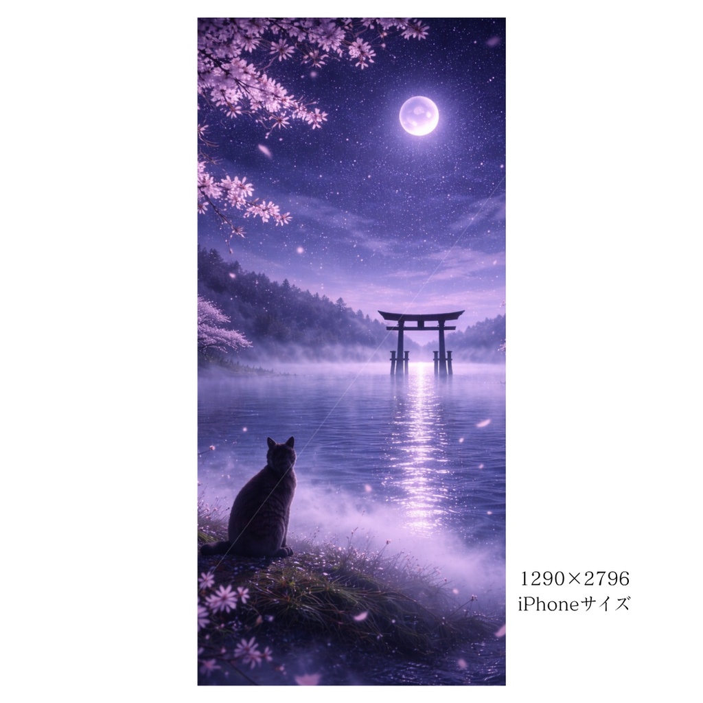 【iPhone壁紙】青い夜|満月と夜桜|湖と鳥居と猫|Moonlit Sakura Torii Lake | Aoya Cat Scenes No.22