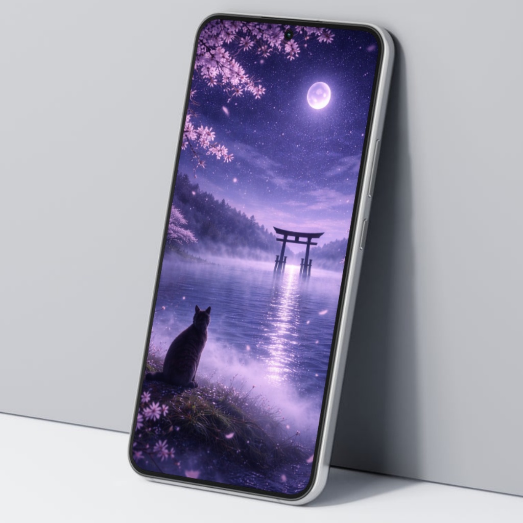 【iPhone壁紙】青い夜|満月と夜桜|湖と鳥居と猫|Moonlit Sakura Torii Lake | Aoya Cat Scenes No.22