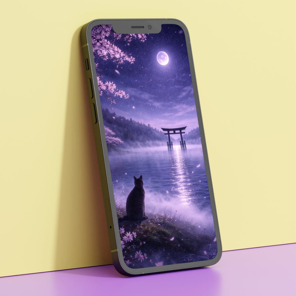 【iPhone壁紙】青い夜|満月と夜桜|湖と鳥居と猫|Moonlit Sakura Torii Lake | Aoya Cat Scenes No.22