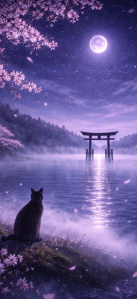 【iPhone壁紙】青い夜|満月と夜桜|湖と鳥居と猫|Moonlit Sakura Torii Lake | Aoya Cat Scenes No.22