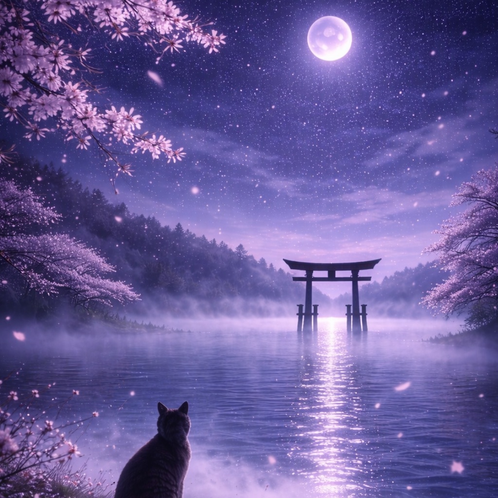 【iPhone壁紙】青い夜｜満月と夜桜｜湖と鳥居と猫｜Moonlit Sakura Torii Lake | Aoya Cat Scenes No.22