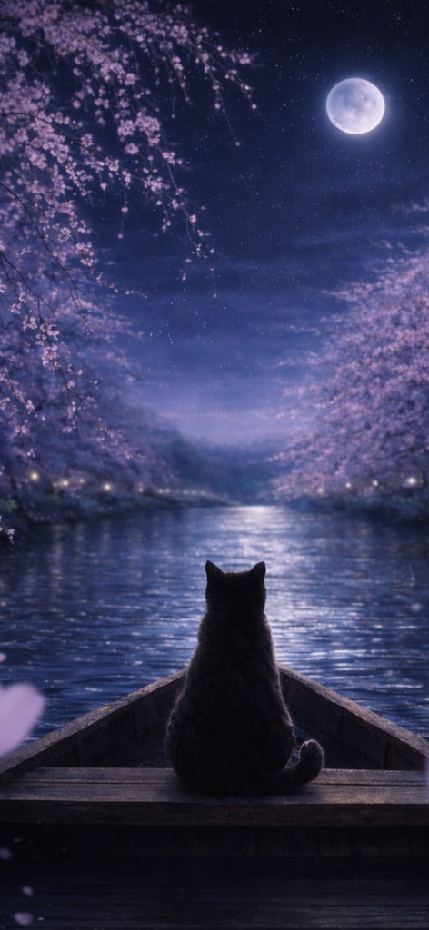 【iPhone壁紙】青い夜|桜の川を流れる猫|Moonlit River Cat|Aoya Cat Scenes No.23