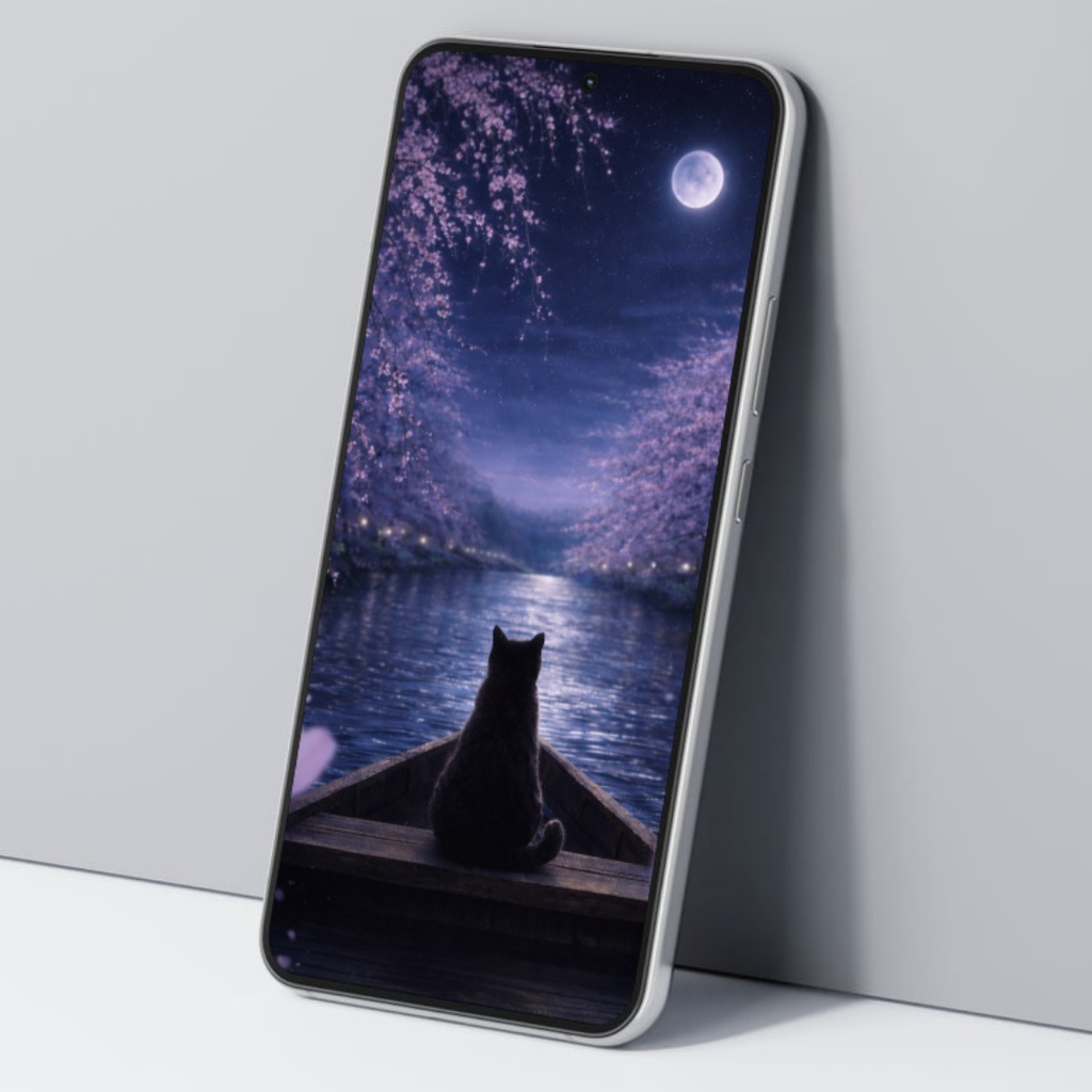 【iPhone壁紙】青い夜|桜の川を流れる猫|Moonlit River Cat|Aoya Cat Scenes No.23