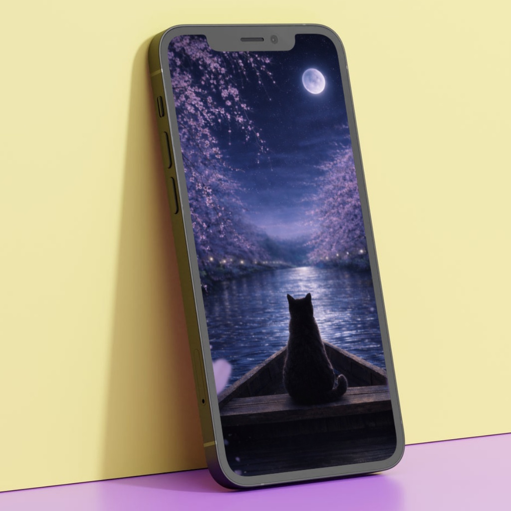 【iPhone壁紙】青い夜|桜の川を流れる猫|Moonlit River Cat|Aoya Cat Scenes No.23