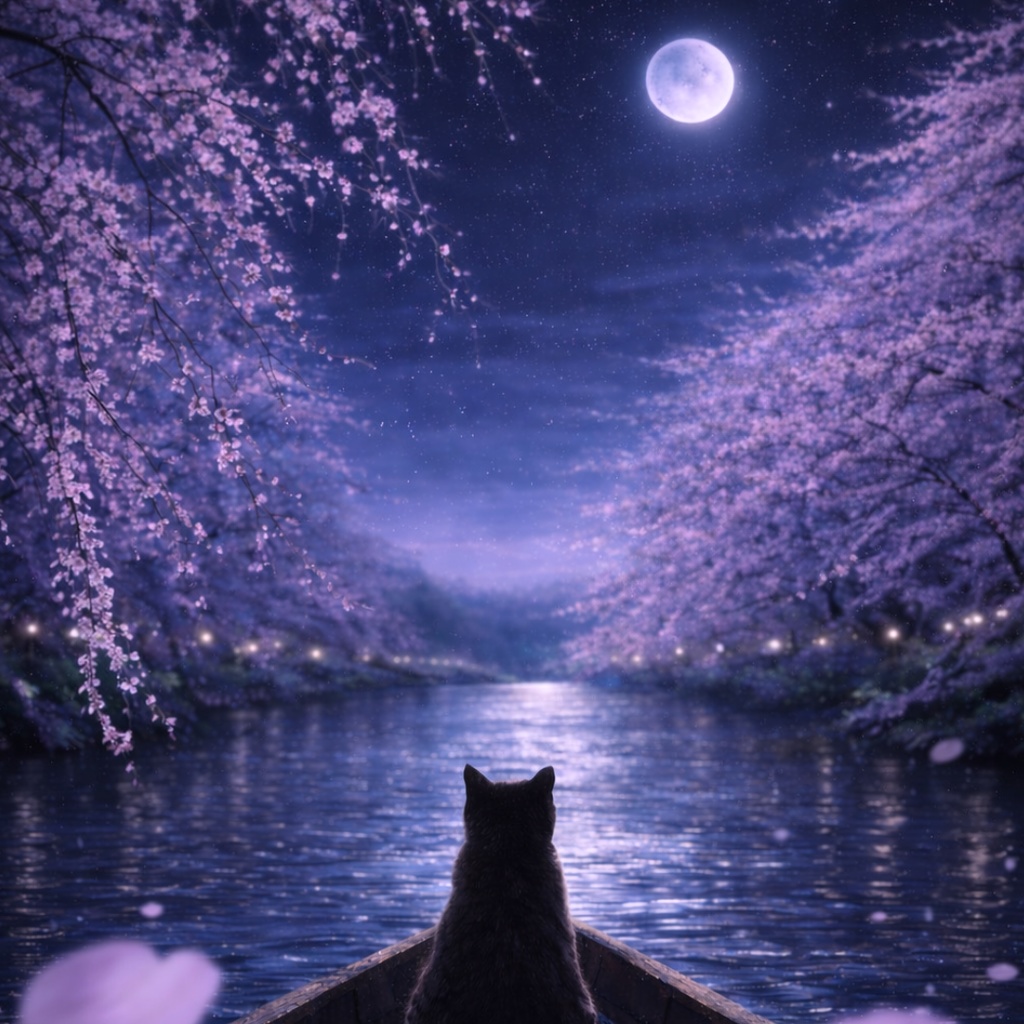 【iPhone壁紙】青い夜｜桜の川を流れる猫｜Moonlit River Cat｜Aoya Cat Scenes No.23