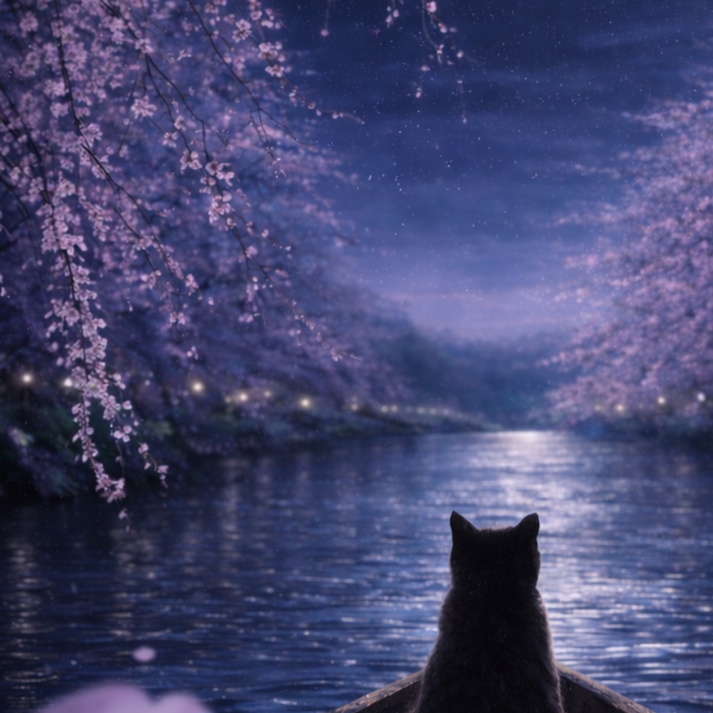 【iPhone壁紙】青い夜|桜の川を流れる猫|Moonlit River Cat|Aoya Cat Scenes No.23