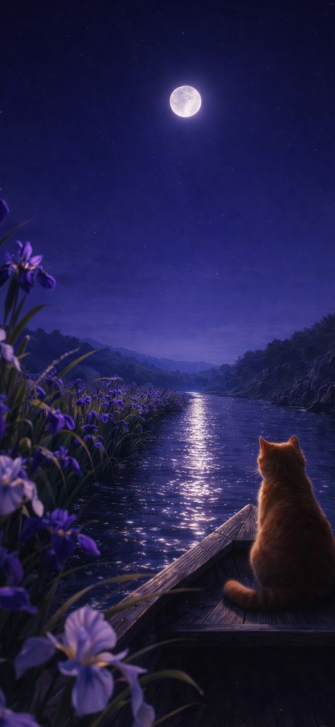 【iPhone壁紙】青い夜|花菖蒲と月の川|Moonlit Iris River | Cat No.24