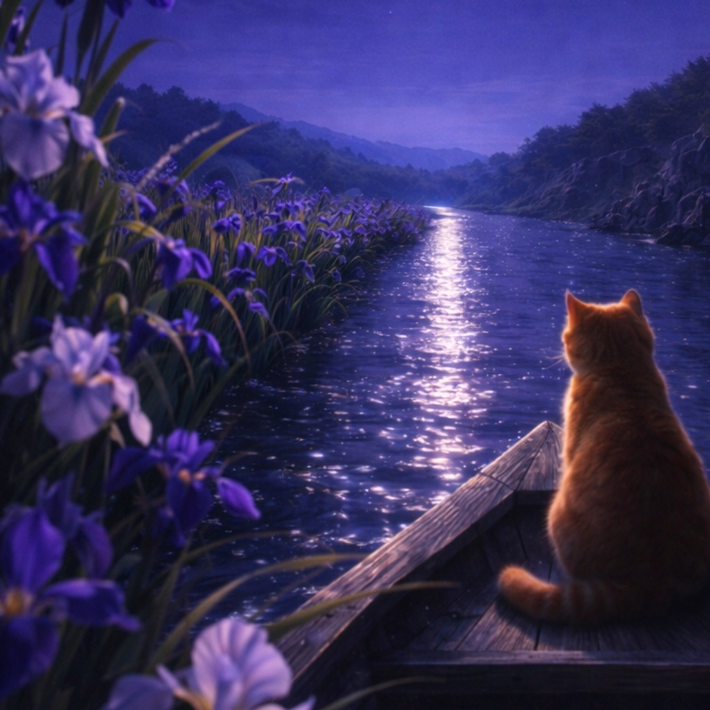 【iPhone壁紙】青い夜|花菖蒲と月の川|Moonlit Iris River | Cat No.24