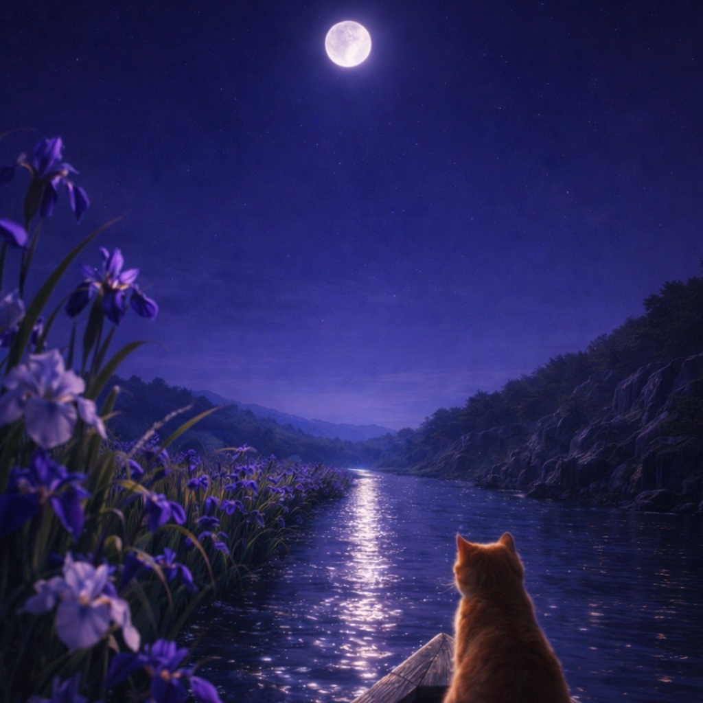 【iPhone壁紙】青い夜|花菖蒲と月の川|Moonlit Iris River | Cat No.24