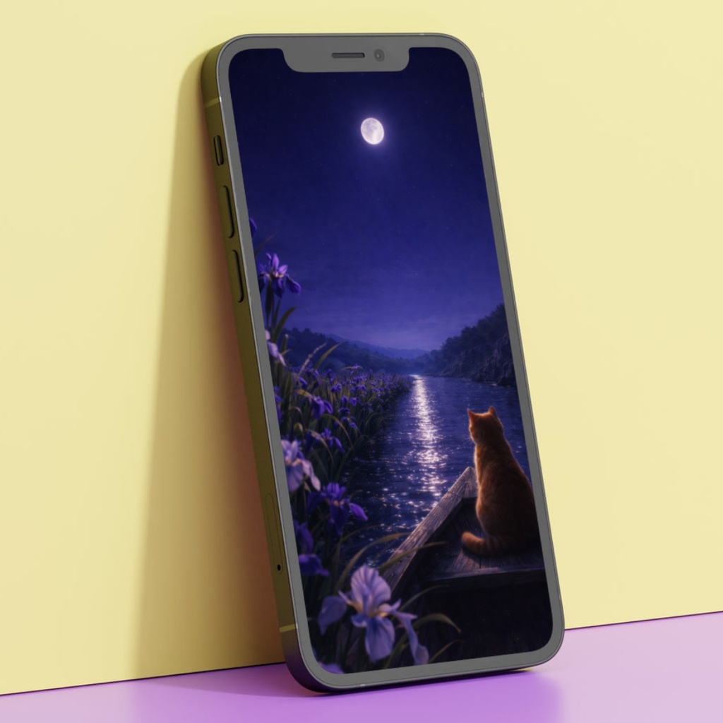 【iPhone壁紙】青い夜|花菖蒲と月の川|Moonlit Iris River | Cat No.24
