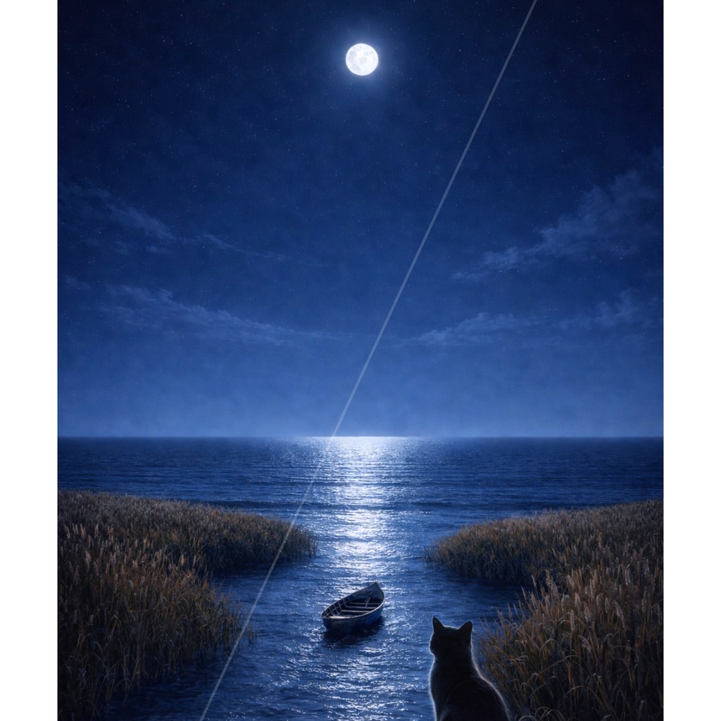 【iPhone壁紙】青い夜|月へ続く海と猫|Aoya Blue Night No.25 – Moonlit Shore with Cat