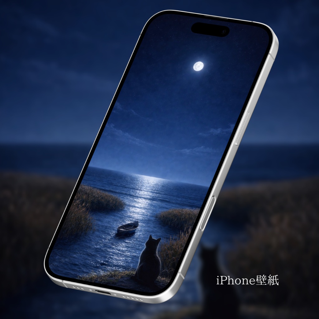 【iPhone壁紙】青い夜｜月へ続く海と猫｜Aoya Blue Night No.25 – Moonlit Shore with Cat