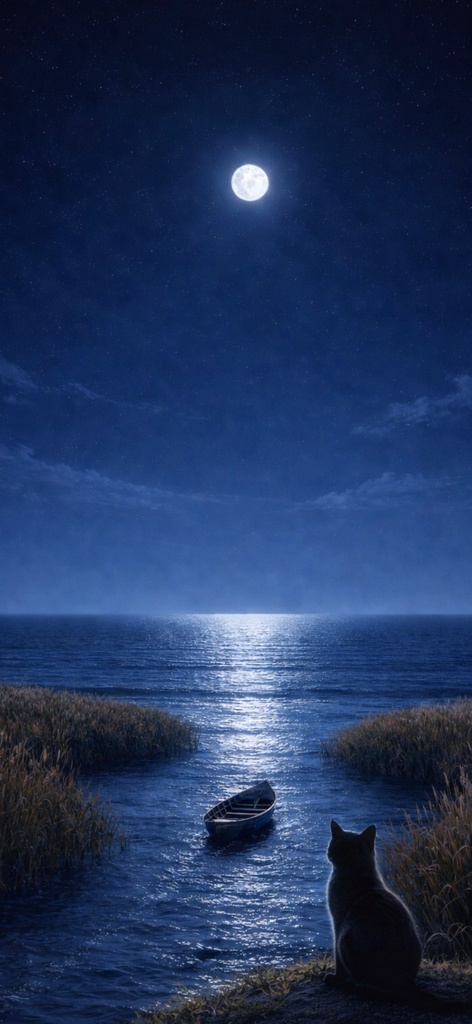 【iPhone壁紙】青い夜|月へ続く海と猫|Aoya Blue Night No.25 – Moonlit Shore with Cat