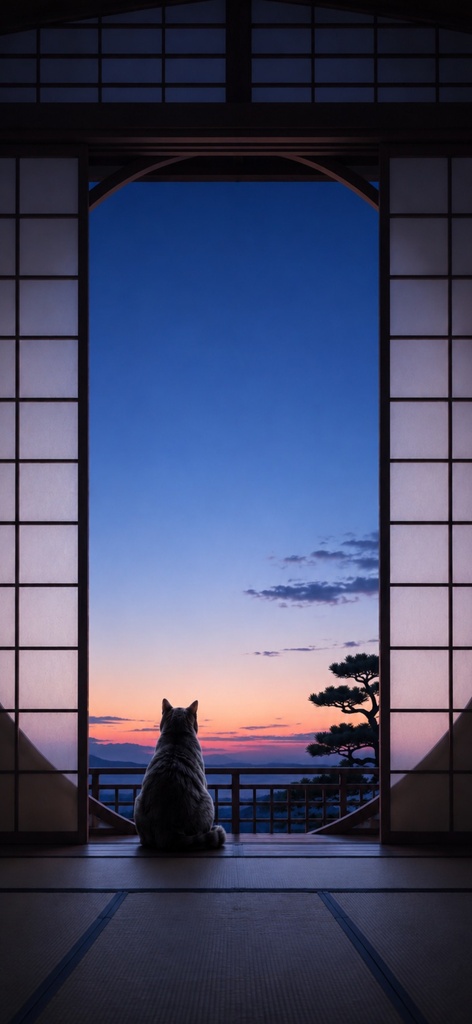 【iPhone壁紙】夜明け前の猫|和室からの夜明け