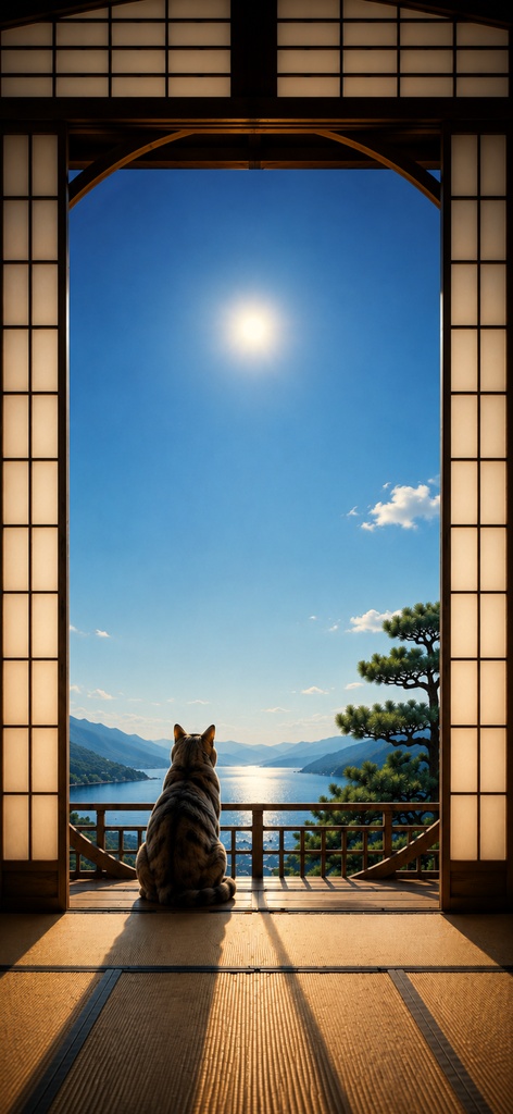 【 【iPhone壁紙】真昼の夏空の猫|和室からの昼景