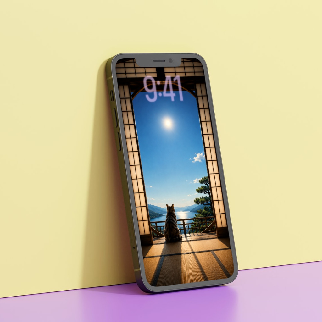 【 【iPhone壁紙】真昼の夏空の猫|和室からの昼景