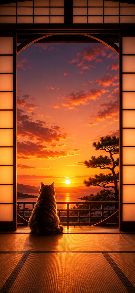 【iPhone壁紙】夕焼けに染まる猫|癒しの和室の夕景