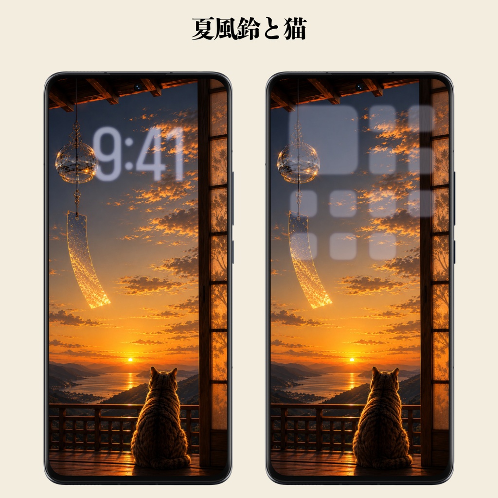 【iPhone壁紙】夏風鈴と猫 | Amber Sunset Cat Wallpaper
