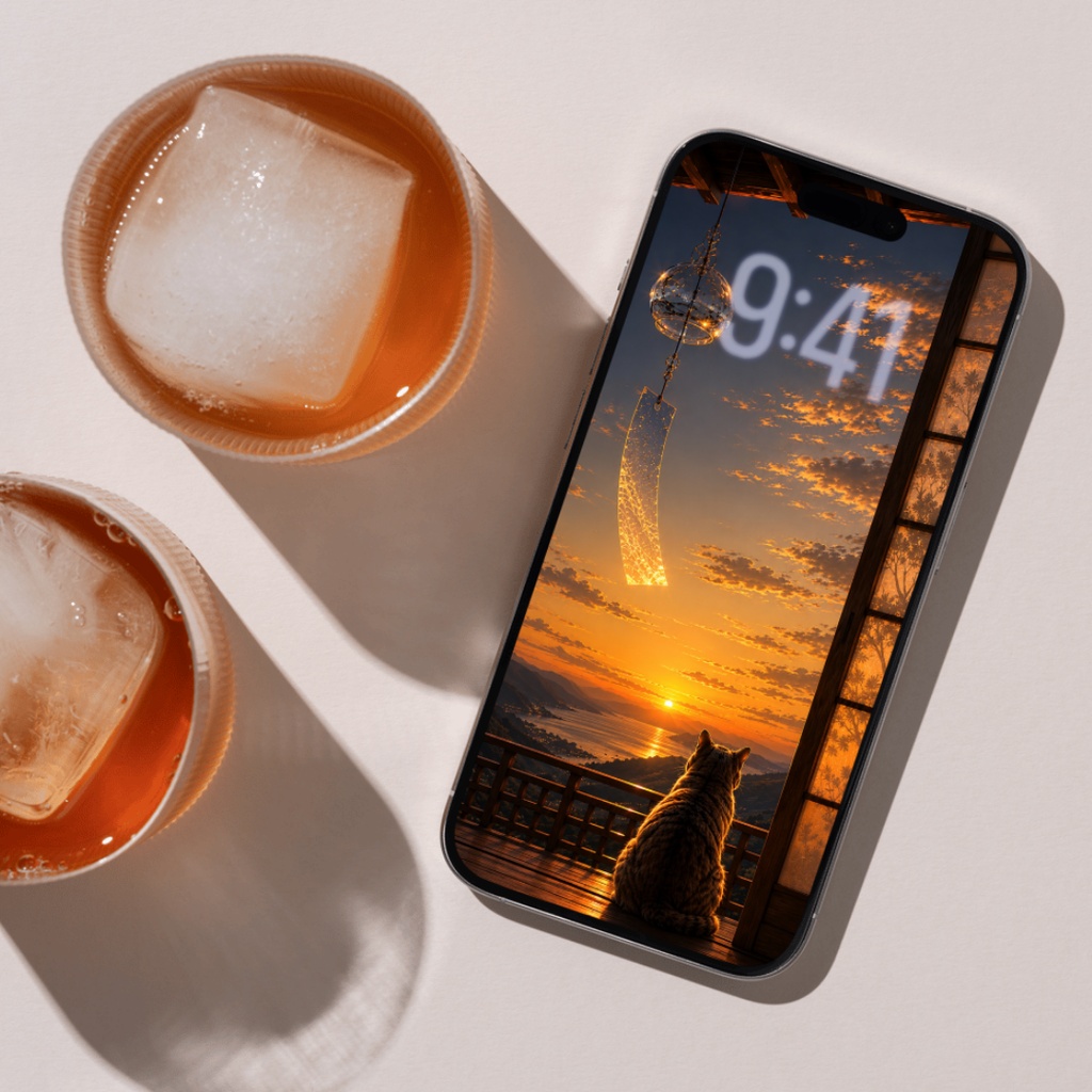 【iPhone壁紙】夏風鈴と猫 | Amber Sunset Cat Wallpaper