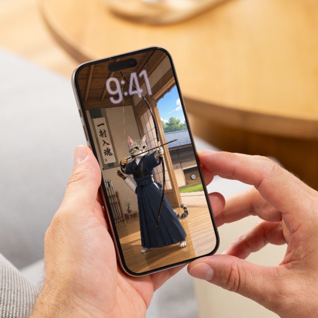 【iPhone壁紙】一射入魂|弓道猫 スマホ壁紙 2枚セット|和風・弓道・応援壁紙