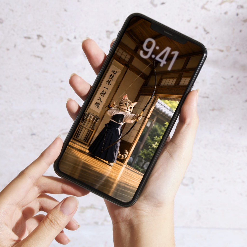 【iPhone壁紙】一射入魂|弓道猫 スマホ壁紙 2枚セット|和風・弓道・応援壁紙