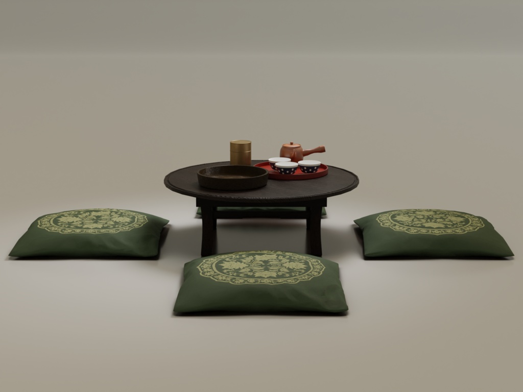 ローポリ_ちゃぶ台・座布団・茶器セット