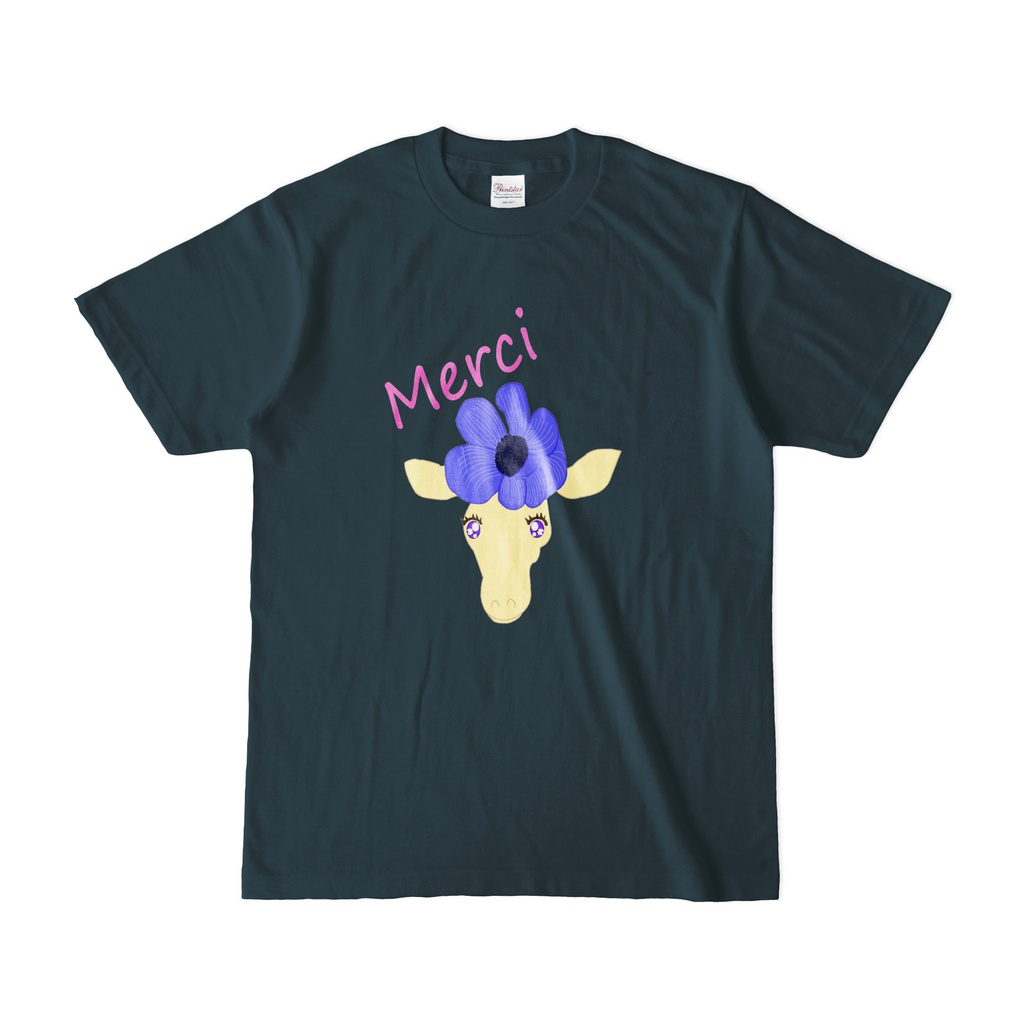 花飾りのキリンmerciTシャツ紺