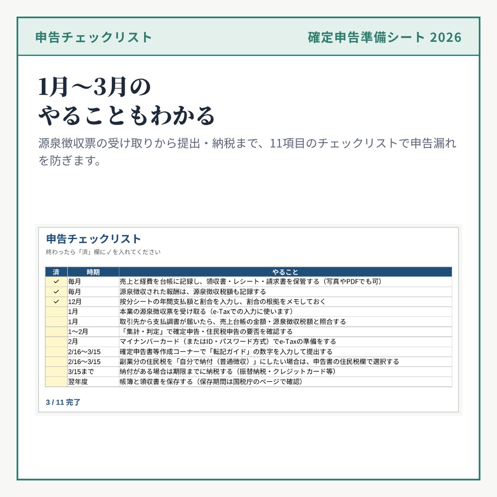【税金の目安までわかる】副業会社員の確定申告準備シート 2026年分|所得税・住民税・還付の目安を自動計算(Excel/Googleスプレッドシート)