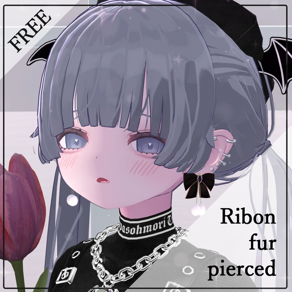 ボンボン付きリボンピアス