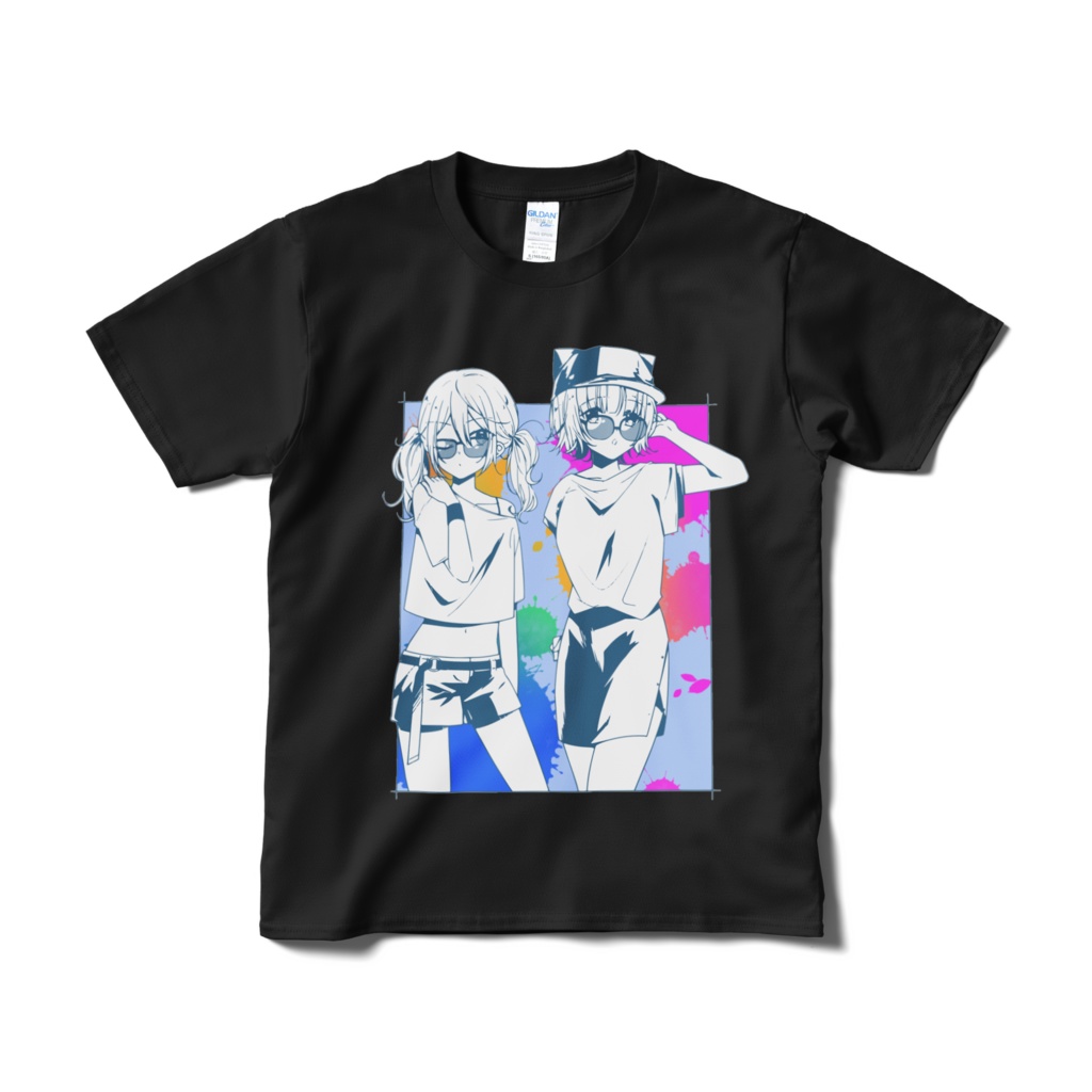 夏っぽいみかももTシャツ（ブラック×ブルー）