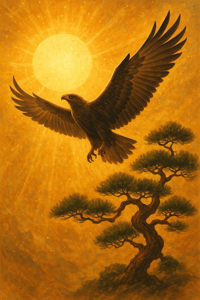 昇陽の霊鷹 ― 天へ導く松の御神気アート（壁紙・高解像度）