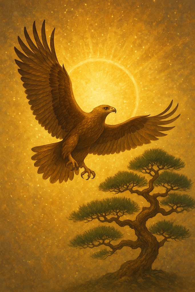 昇陽の霊鷹 ― 天へ導く松の御神気アート（壁紙・高解像度）