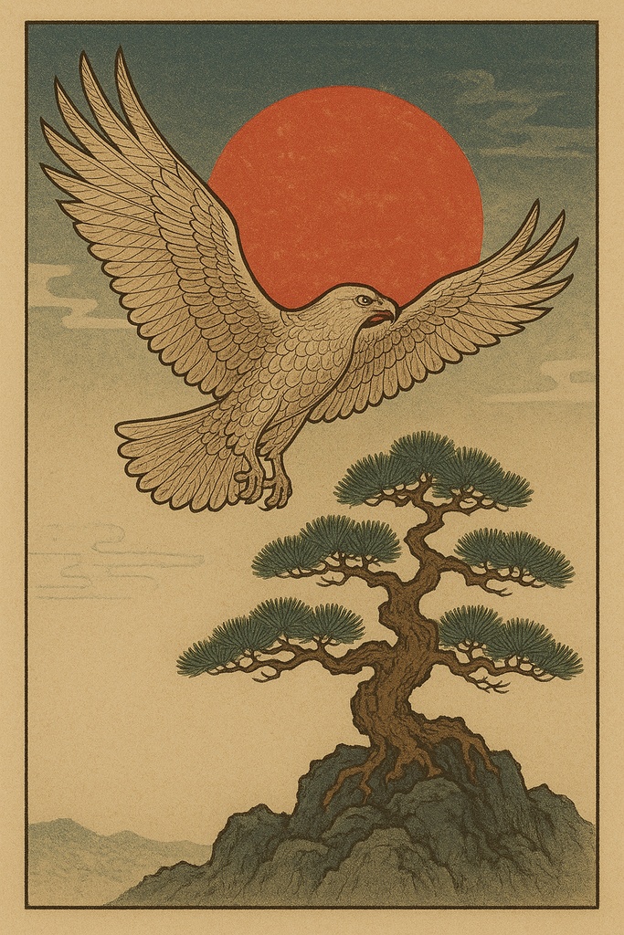 昇陽の霊鷹 ― 天へ導く松の御神気アート（壁紙・高解像度）