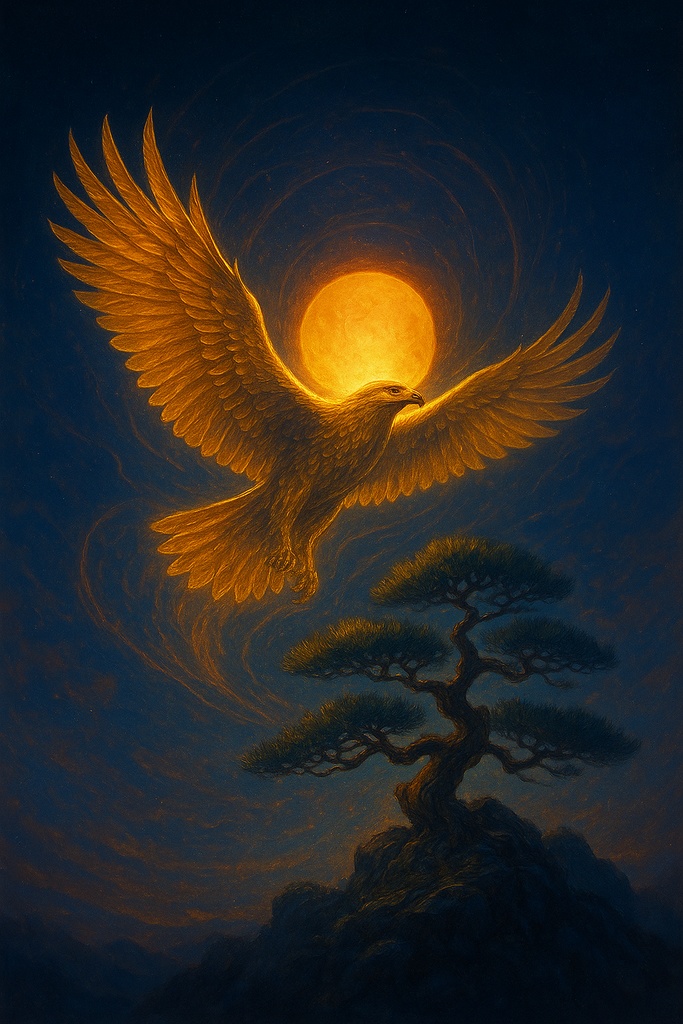 昇陽の霊鷹 ― 天へ導く松の御神気アート（壁紙・高解像度）