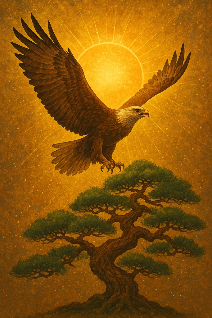 昇陽の霊鷹 ― 天へ導く松の御神気アート（壁紙・高解像度）』