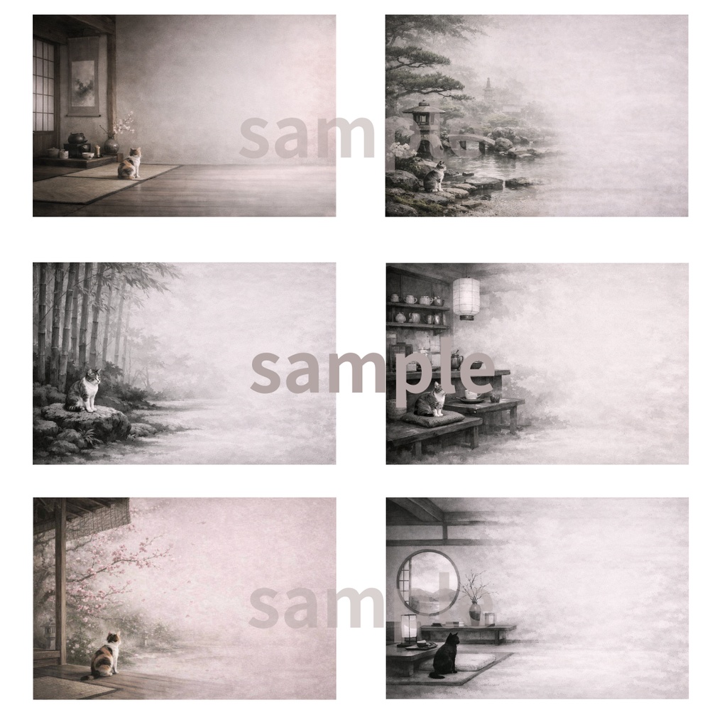   【6枚セット】右余白あり 和風背景×日本猫（1920×1080）