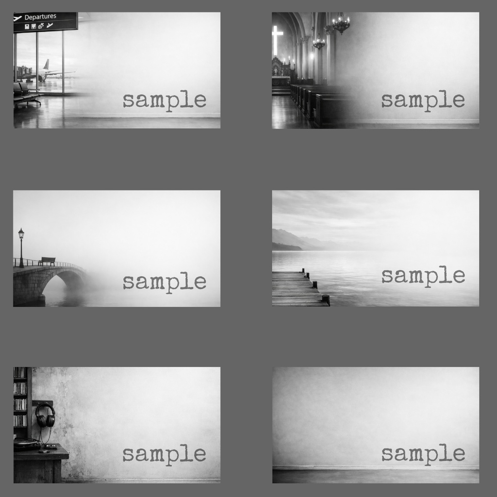 配信背景 6枚セット｜モノクロ・Cool 無人・右側余白｜1920×1080（PNG）