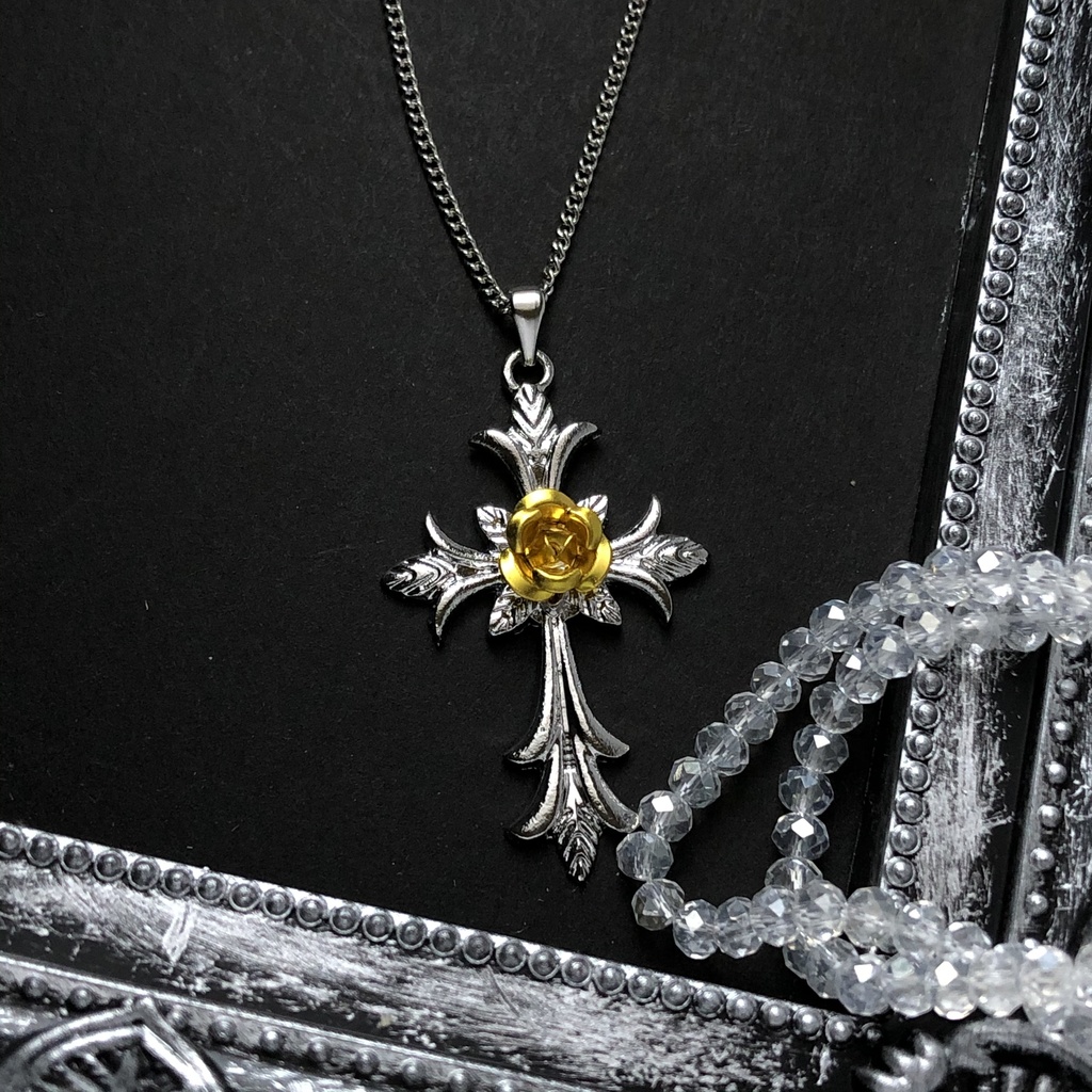 十字架と黄色の薔薇ネックレス