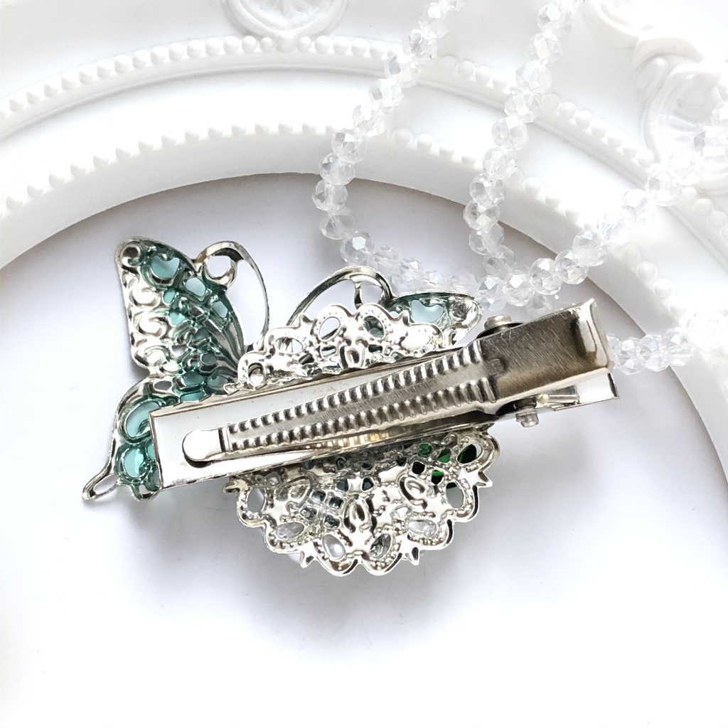 青い蝶と薔薇ヘアクリップ