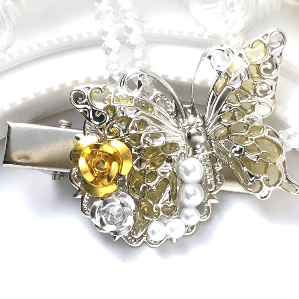 黄色の蝶と薔薇ヘアクリップ